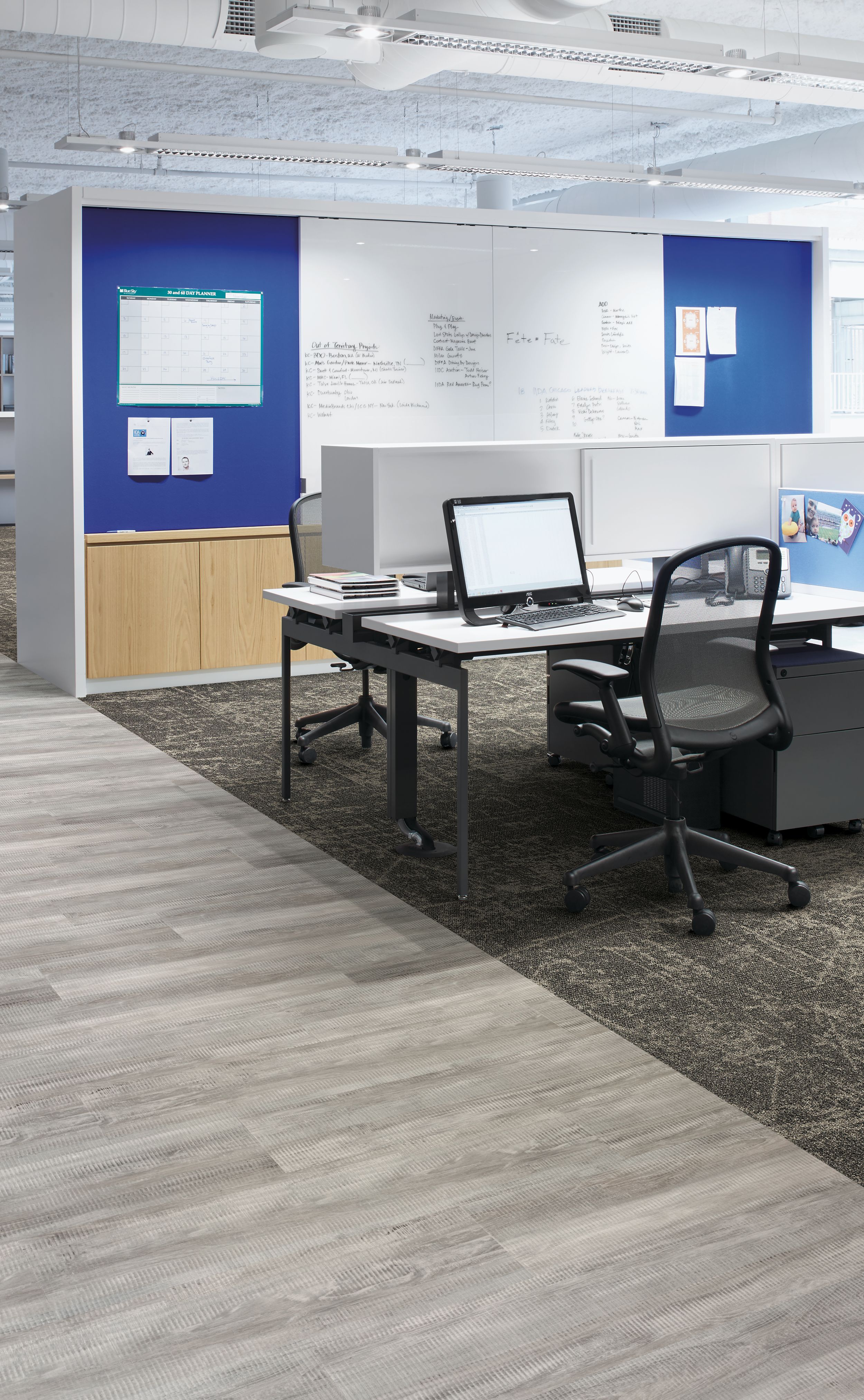 Interface Ice Breaker carpet tile and Textured Woodgrains LVT in desk area with whiteboard in background image number 4